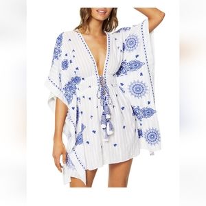 RAMY BROOK Kristos cotton mini caftan cover up  white with blue embroidery. NWT